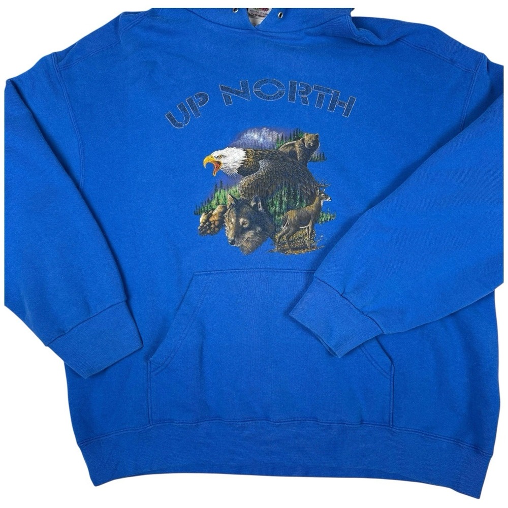 Vintage Fruit of the Loom Mens Wildlife Graphic Hoodie Size 2XL Blue Y2K Outdoor - Picture 8 of 16